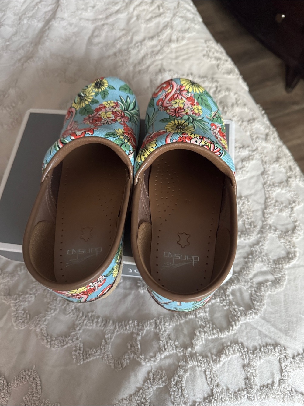 Dansko Floral Canvas Clogs in Light Blue with Multicolor Blossoms - Picture 2 of 4